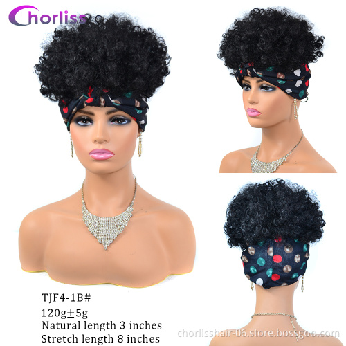 Wholesale Ombre Grey Headbands Black Bug Short  Afro Wig Synthetic Wigs Kinky Curly Box Wrap Puff Turban wigs For women